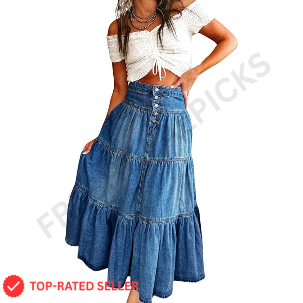 High Waist Denim Maxi Skirt Button Fly Tiered Ruffle Swing A-Line Chic